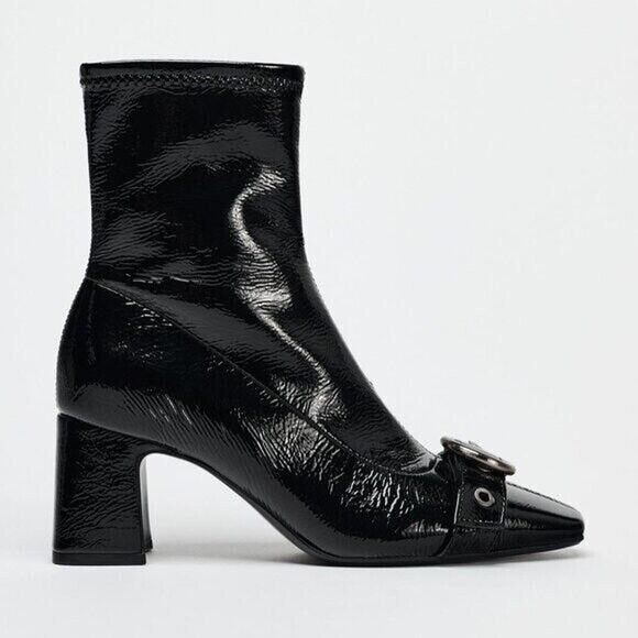 ZARA Buckled Ankle Boots NWT | Patent Faux Leather Block Heel Size 10 - Picture 7 of 12
